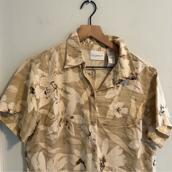 Vintage Liz Claiborne Neutral Floral Silk Blouse Large - Picture 7 of 10